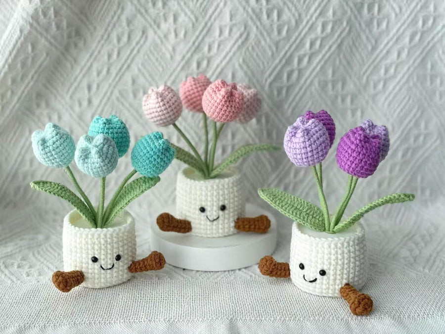 Handgemachter Häkel Tulpen Blumen Topf Rosa Lila Oranger
